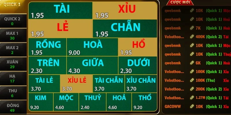 thao tac dat cuoc game danh cho nguoi dung